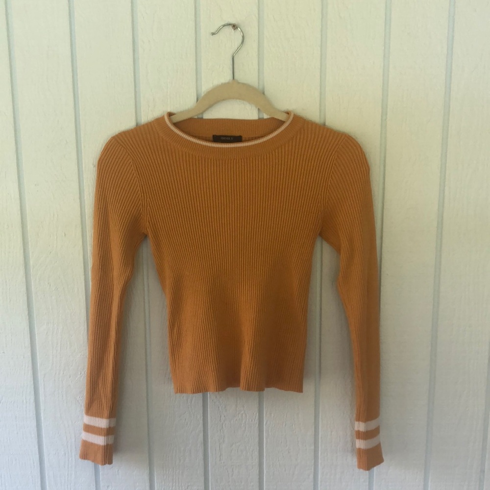 Forever 21 Yellow Form Fitting Ribbed Sweater with white stripes on the wrists